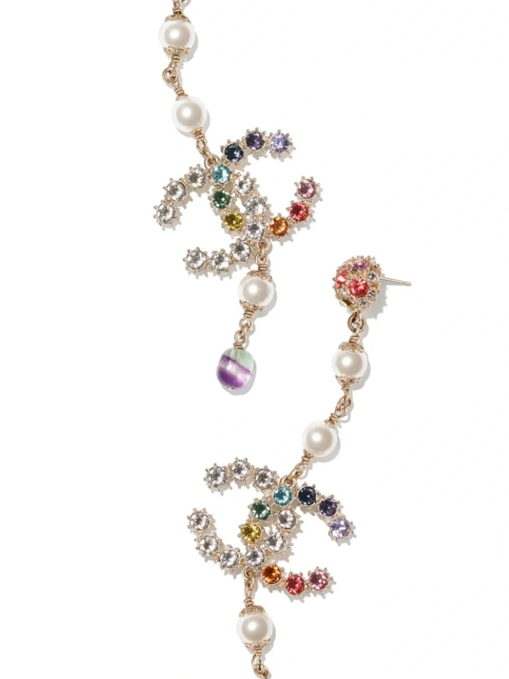 CHANEL Gold-Tone Multicolor Crystal CC Drop Earrings with Pearls
